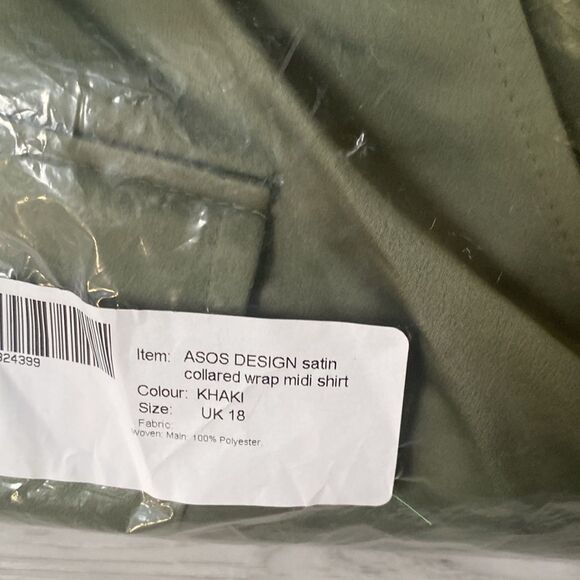 ASOS DESIGN satin collared wrap midi shirt dress in khaki 14 NWT in packaging - Picture 6 of 7